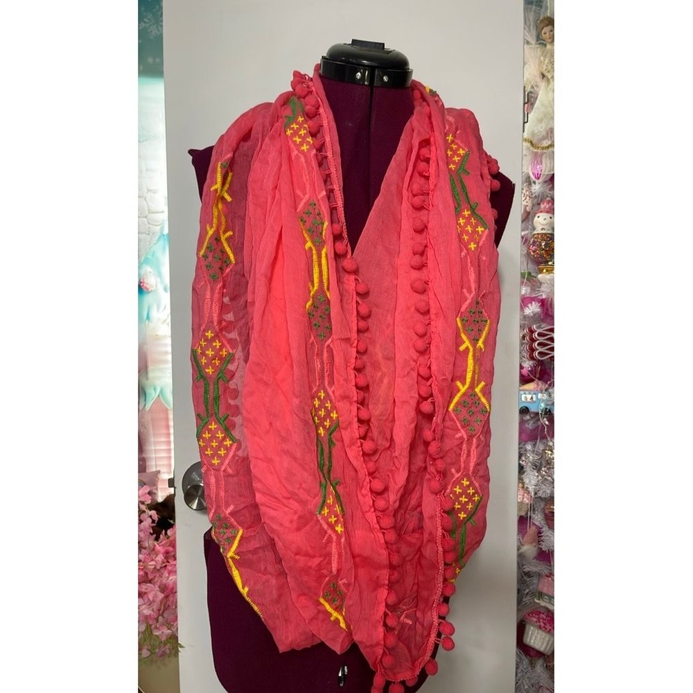 Crown & Ivy Infinity Scarf Womens OS Pink Good Pom Pom Embroidered Cotton Gauze